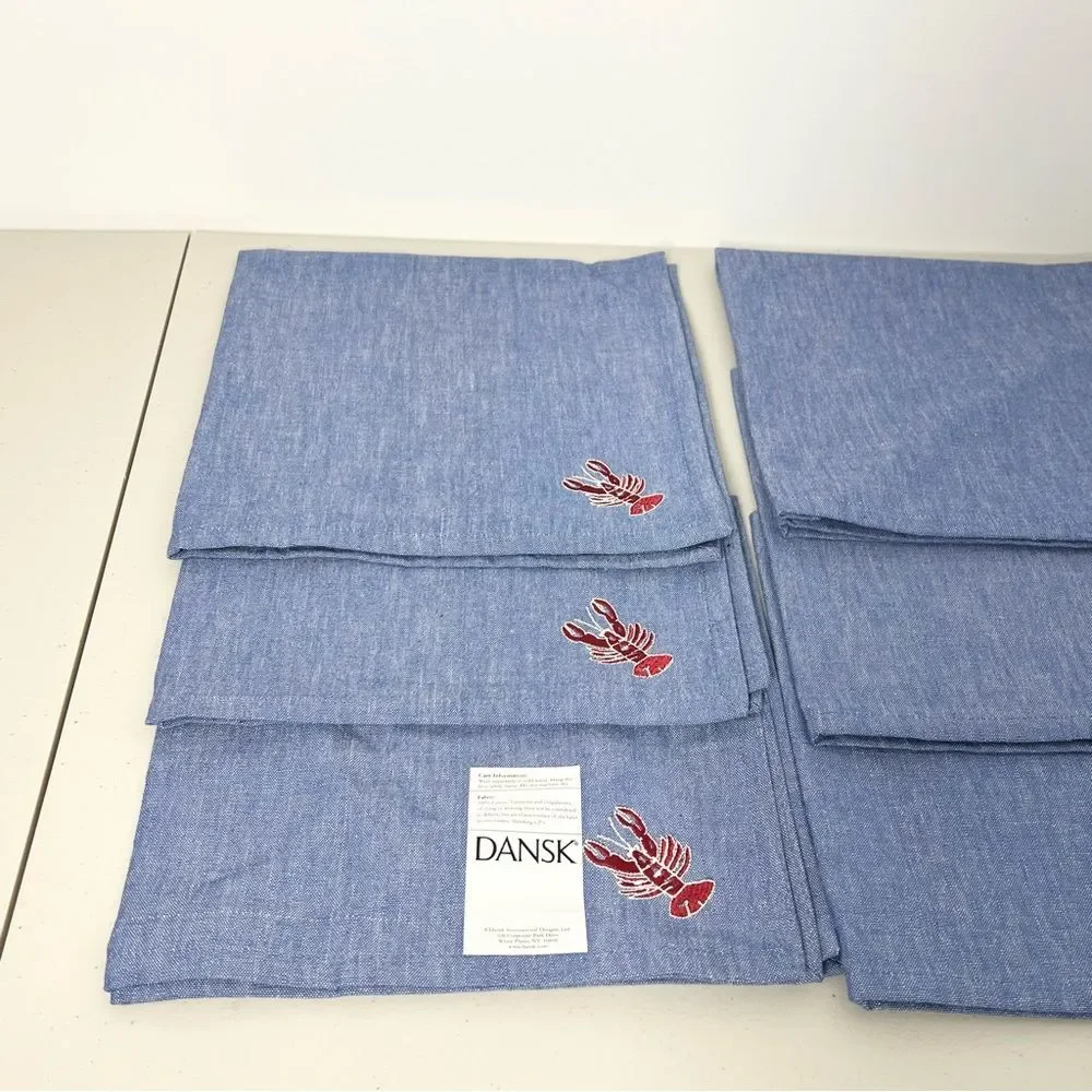 New Set of 6 Dansk Denim Lobster Embroidered Cloth Napkins